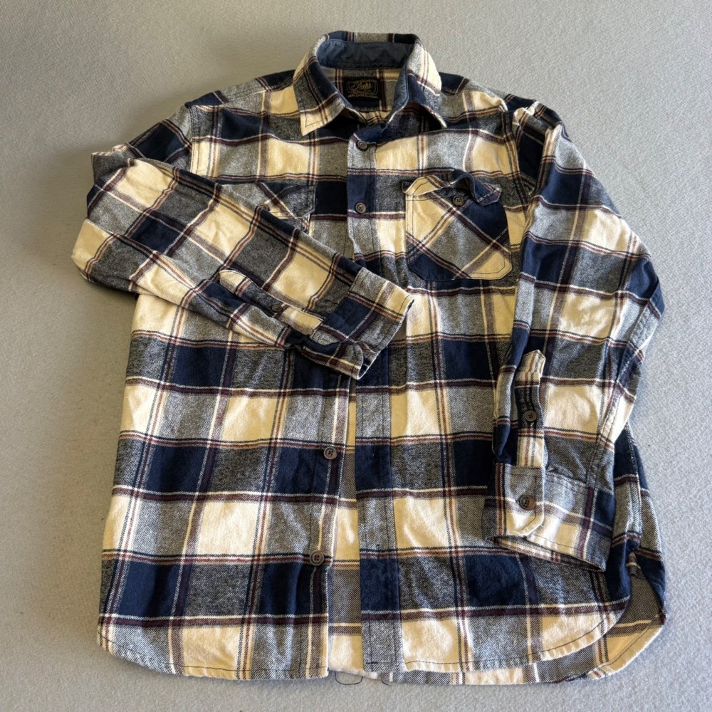 Jachs NY Heritage Flannel Shirt Mens Medium Navy Blue Cream Plaid Button Down